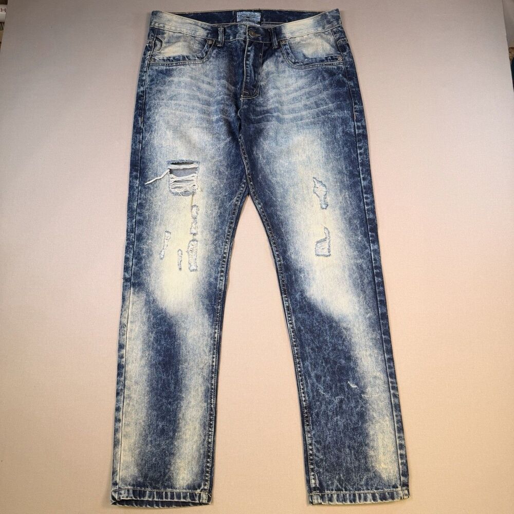 Twenty Two oz Jeans Mens 34x32 Acid Wash Distressed Ripped Heavyweight Denim